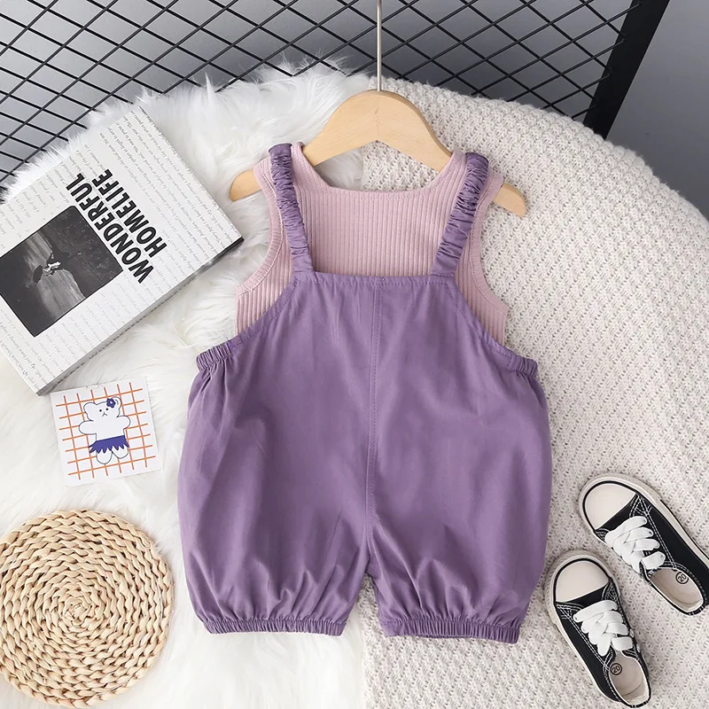 Girls Clothes Sets Summer 2024 Children Cotton Vest T-shirts Overall Shorts 2pcs Cute Suit For Baby Tracksuits Kids Outfits 4 5Y