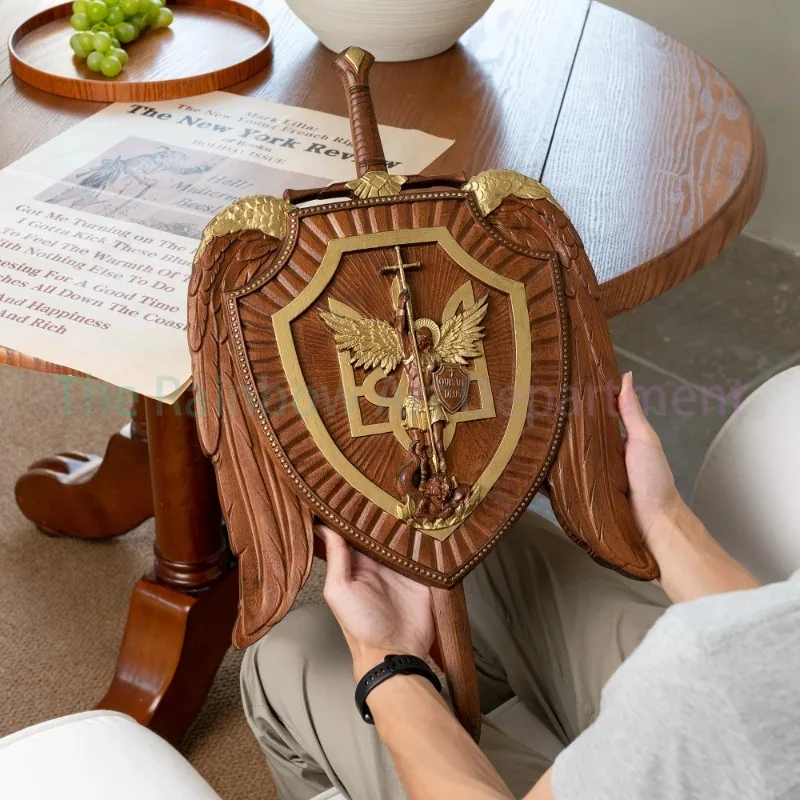 Holy Sword Archangel Michael Shield Wood Carving, Christian Wall Hanging Decoration, Wooden Icon Art