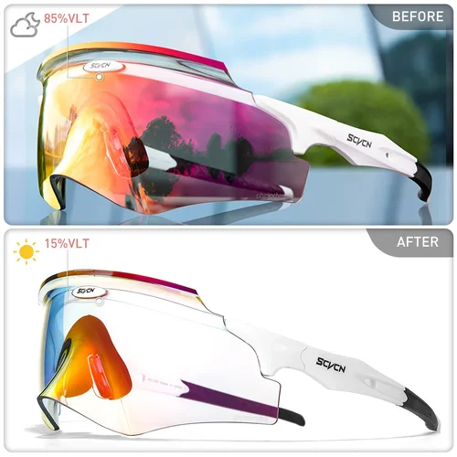 Imagen 2 del producto Scvcn gafas de sol fotocromáticas rojas para ciclismo, lentes fotocromáticas azules para bicicleta de montaña, gafas deportivas para hombre