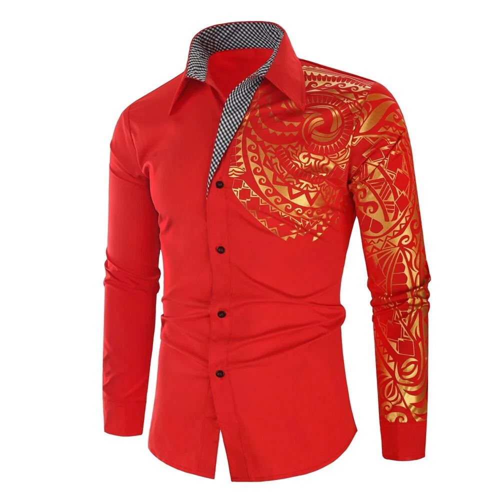 2024 spring and autumn men\'s long-sleeved shirts gold printed lapel long-sleeved tops casual temperament men\'s clothing