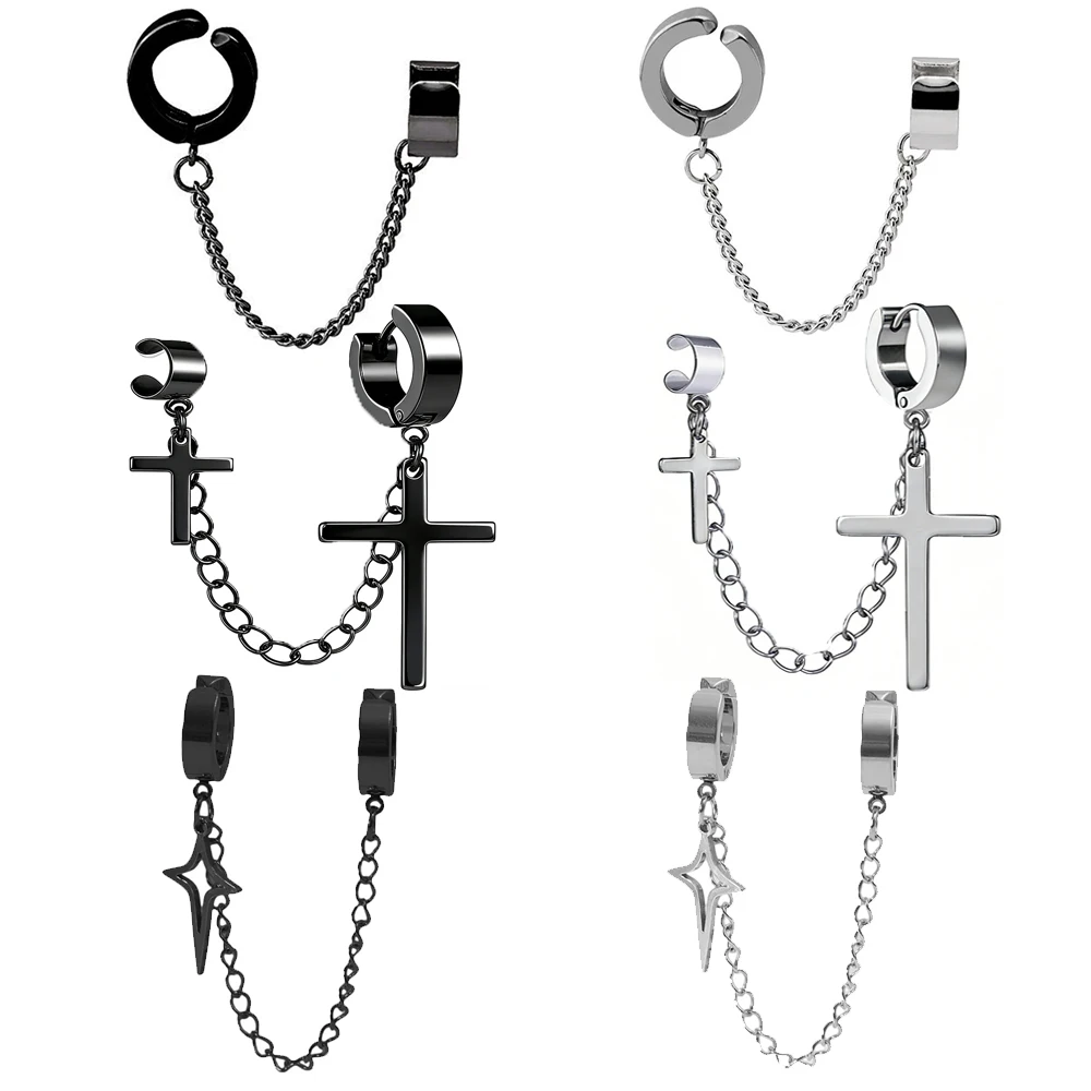 1Pc Hollowed-out Four-pointed Star No Piercing Clip Earrings Connect Ear Bone Clip For Women Men Stainless Steel Trend Jewelry