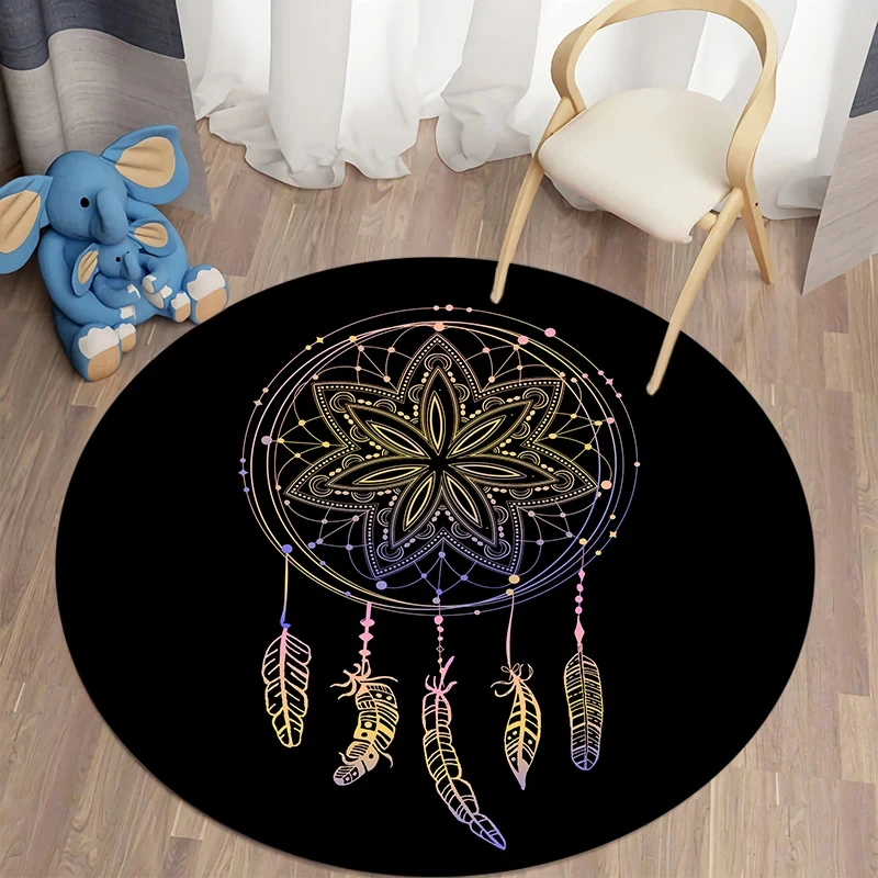 Colorful Dreamcatcher Round Carpet Bohemian Style Rug Anti-slip Floor Mat for Office Bedroom Living Room Kitchen Bathroom Decor