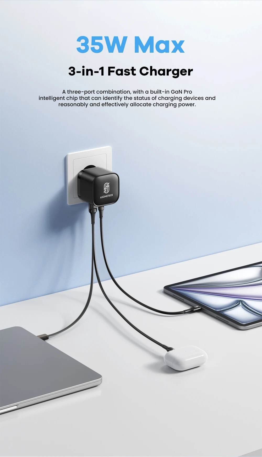 ASOMETECH 35 W GaN USB C Ladegerät mit Typ C einziehbarem Kabel 3 USB PD3.0 QC3.0 PPS Schnelles USB-Ladegerät für iPhone 17 iPad Samsung – Detail 7