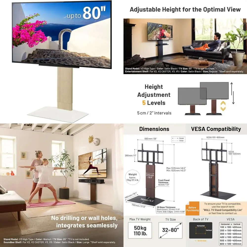 

Japanese Style 32-80 Inch Adjustable TV Stand Mount, Sleek Design, Universal Side Mount, No Drill Required, White Oak Finish