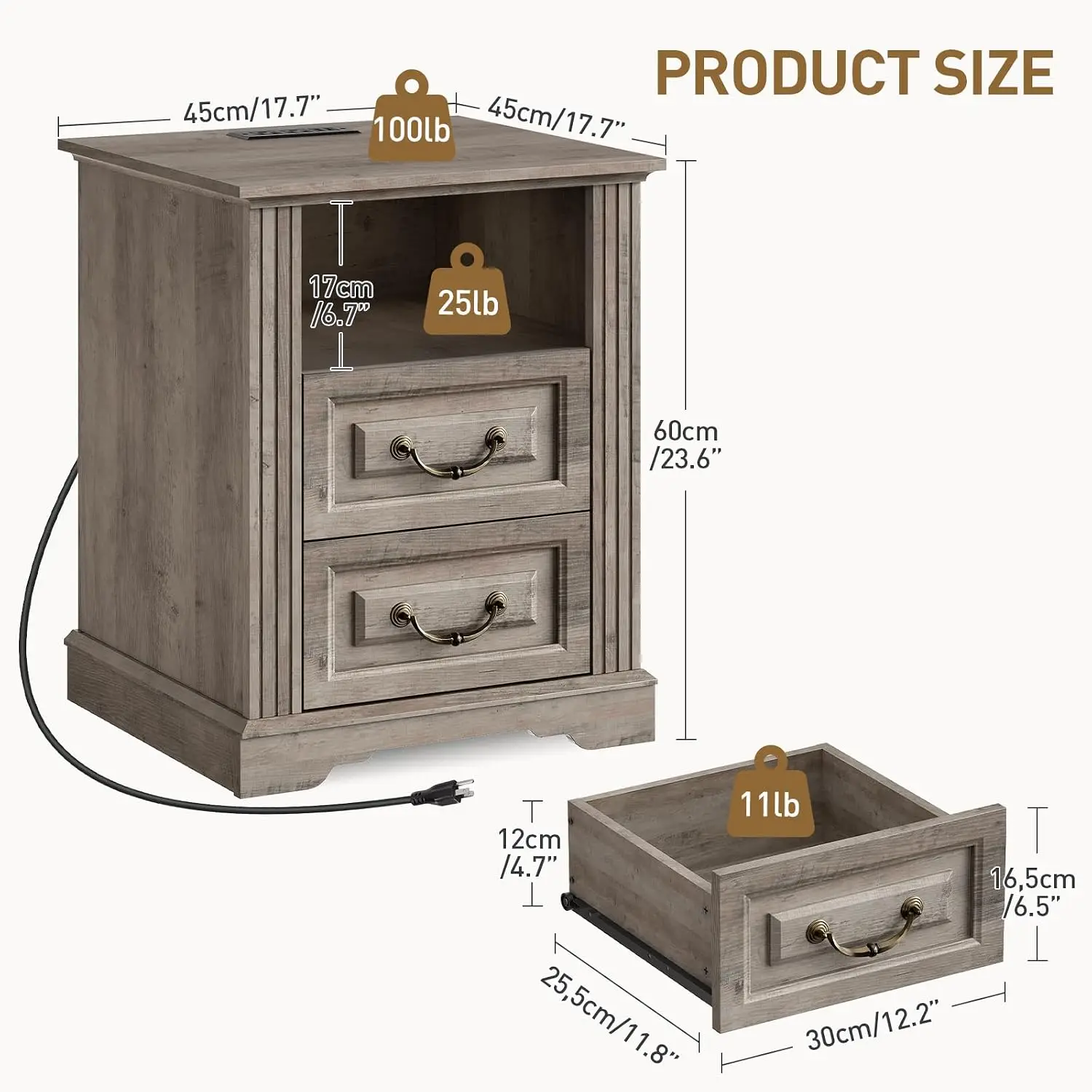 Farmhouse End Table With 2 Drawers & Charging Station, LED Nightstand For Bedroom & Living Room, Greige, Customized