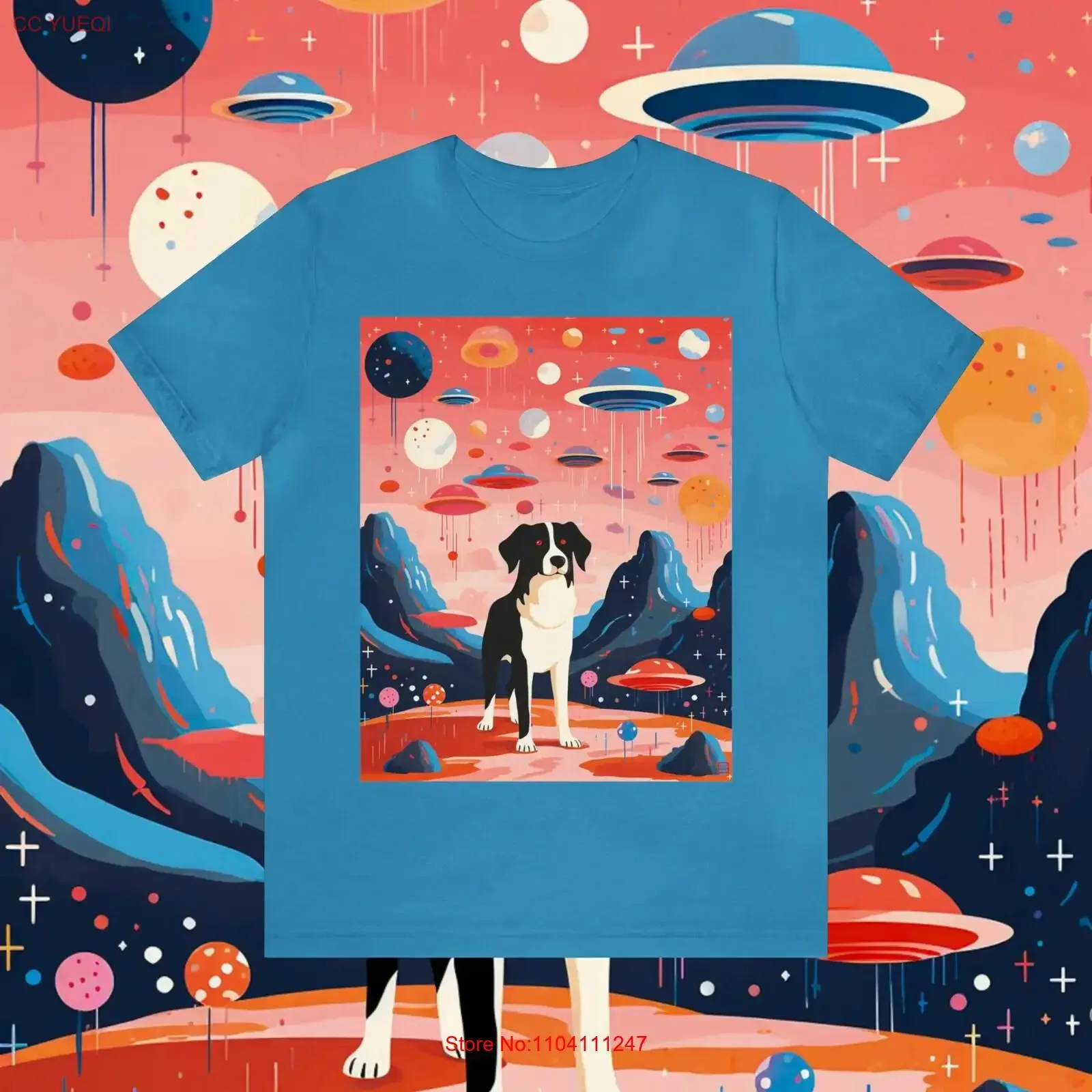 Dog and UFO Encounter T Shirt Surreal SciFi Design Jersey vintage Washed Soft fashion Versatile Breathable