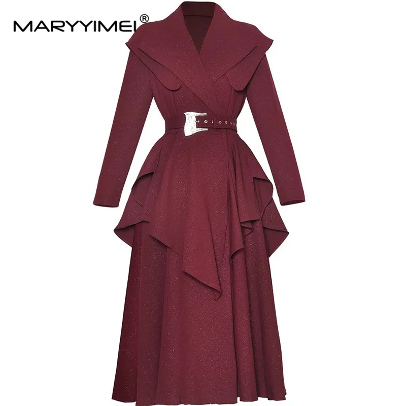 MARYYIMEI Autumn and Winter Women\'s Dress Turn-Down Collar Long-Sleeved Flounced Edge Splicing Dresses With Belt