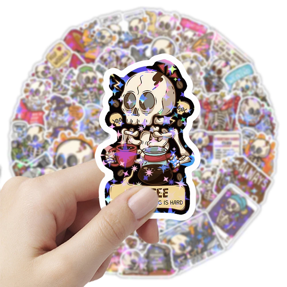 

10/30/50pcs Creative Holographic Laser Skull Stickers Cool Cartoon Waterproof Decals Motorcycle Luggage Phone Sticker Wholesale
