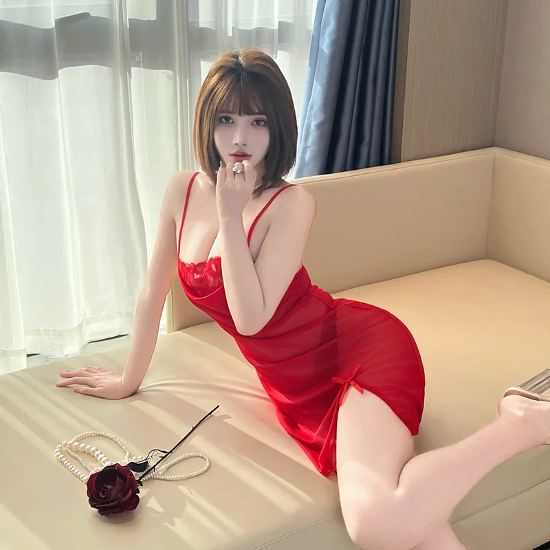 핫 칼라 레이스 패치워크 섹시 노 테이크 오프 슬릿 라이트 럭셔리 메쉬 나이트가운 홈웨어