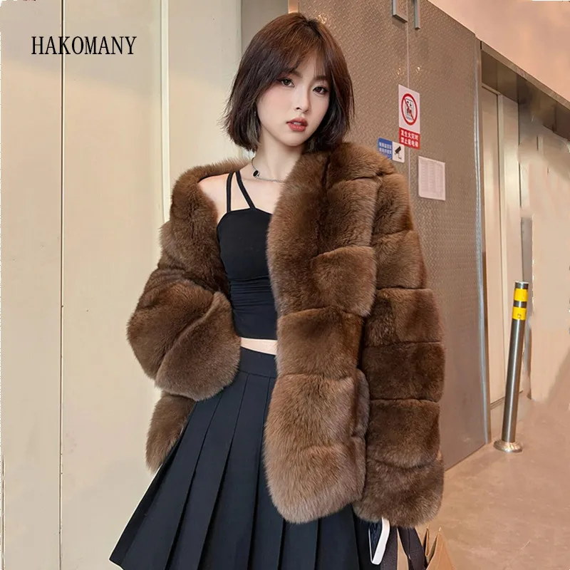 2023 Winter Women Shaggy Embossed Striped Line Faux Fox Fur Coat Crew neck Long Sleeve Keep Warm Jacket Fuzzy Outerwear Coffee