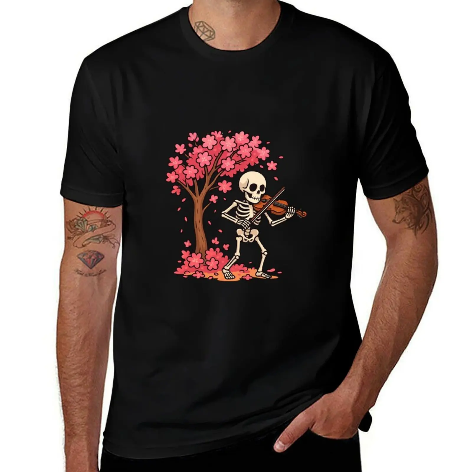 

Elegant Skeleton Violinist Under Cherry Blossom Tree – Aesthetic Minimalist Music Art T-Shirt tops baggy shirts t shirt men