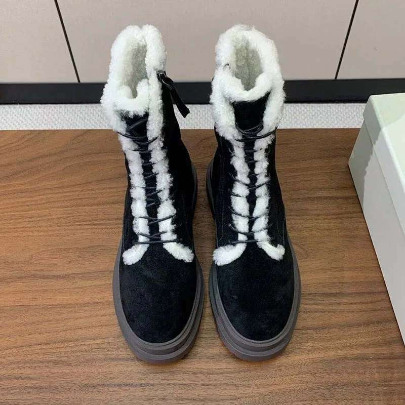 Motorcycle Boots Cow Suede Plush Lining Keep Warm Short Boots  Women's Winter Retro Round Toe Lace-up Thick Bottom Ankle Botas
