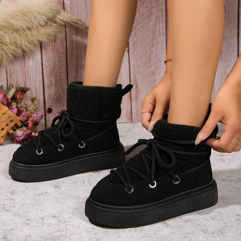 Women\'s Shoes 2024 Hot Sale Lace Up Women\'s Boots Winter Round Toe Plush Fleece for Warmth Solid Middle Tube Platform Snow Boots