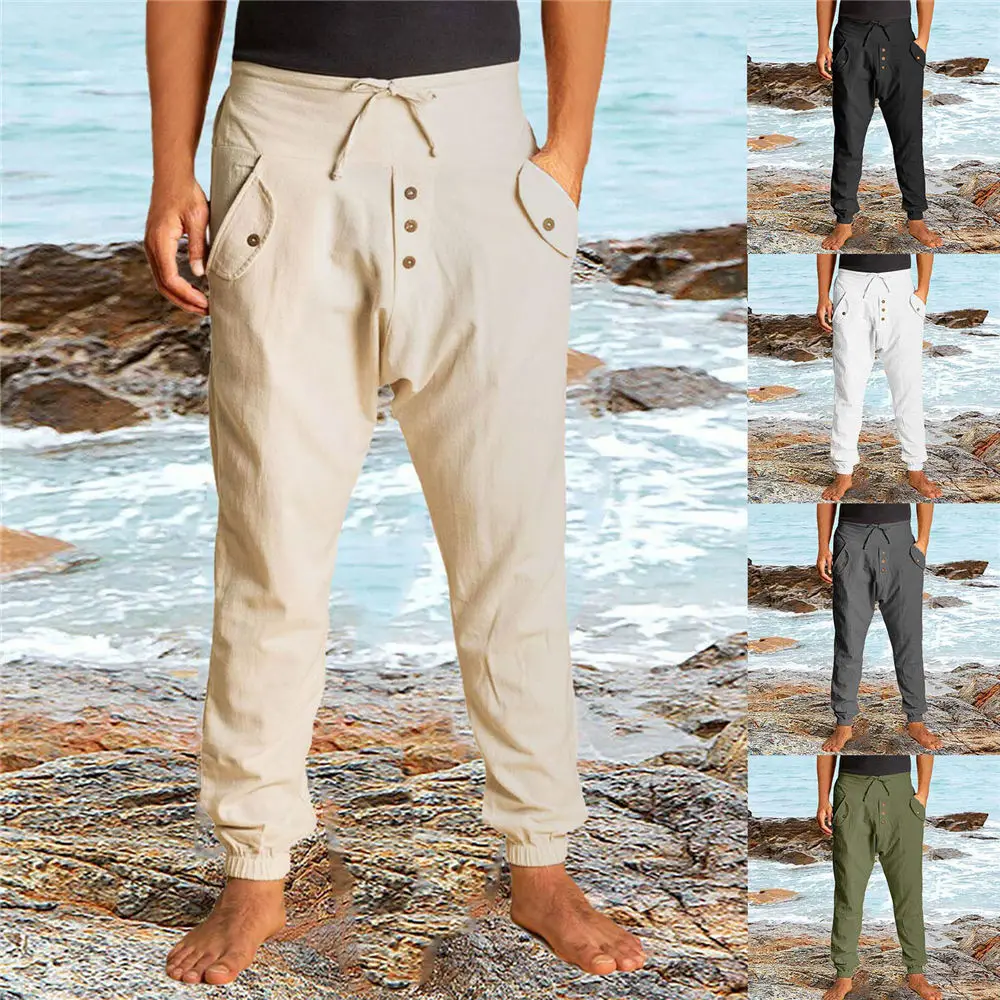 

2023 Summer Cotton Trousers Cool Beach Party Pencil Pants Plus Size 3XL Elastic Foot Sweatpants Button Pockets Hippie Pants