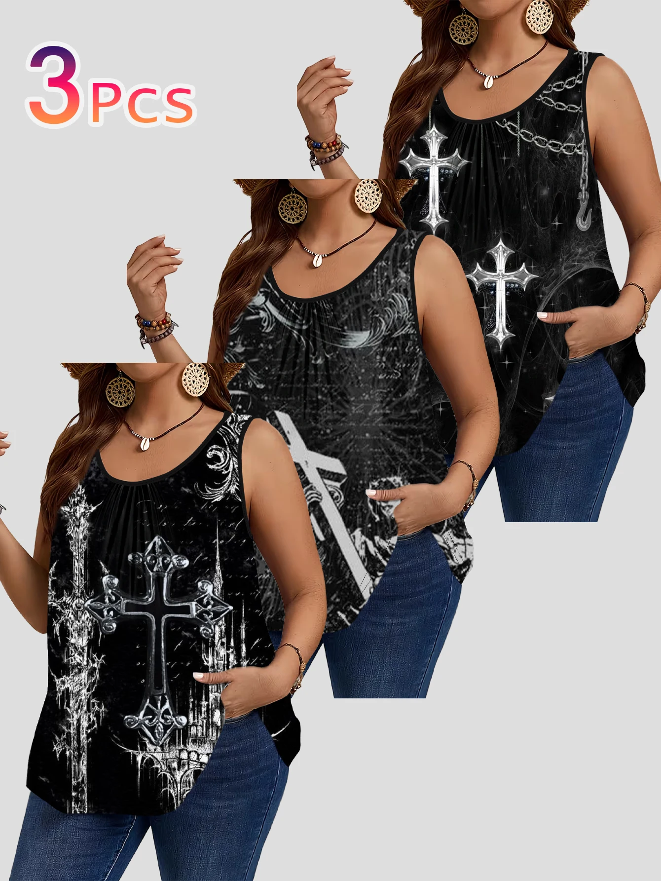 3-Piece Set of Plus-Size Women's Gothic Cross Chain Castle Art Print Tank Tops, Round Neck Loose Sleeveless Tops