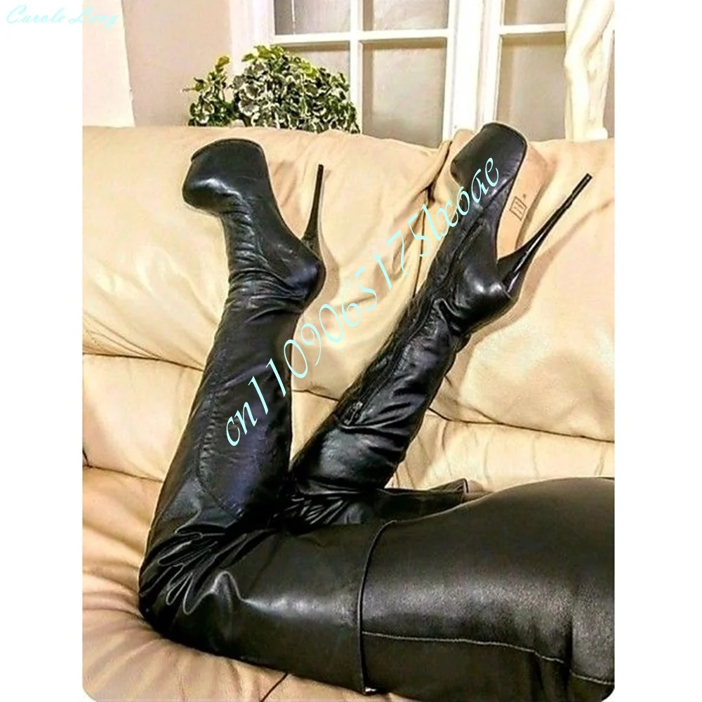Sexy Black Stretch Leather Thigh High Boots for Women Round Toe Zipper Platform Ultra Stiletto Heels Nightclub Over Knee Boots