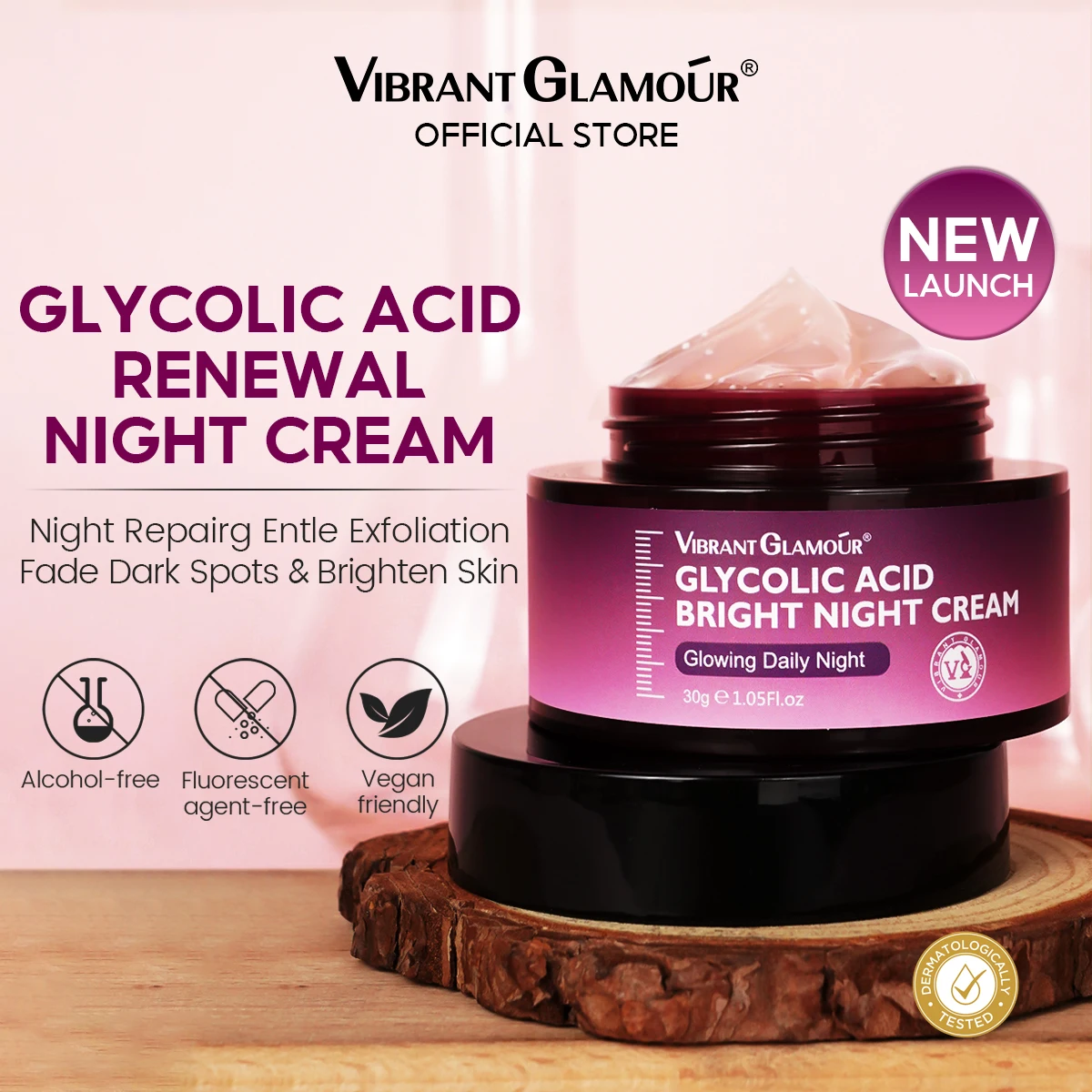 VIBRANT GLAMOUR Glycolic Acid Renewal Night Cream Gentle Night time Exfoliating Cream to Fade Dark Spots and Fine Lines 30g