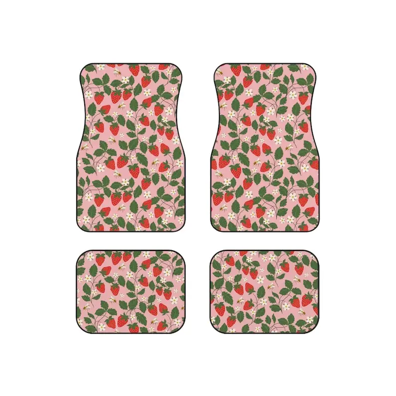 Strawberry Bees - Car Floor Mats | Danish Pastel, Y2k, retro car accessories | 90s 2000s pink floral women car mats set