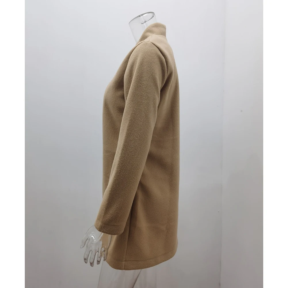 

Women Midlength Woolen Coat with Stand Collar Slim Fit Overcoat for Casual and Office Wear in Spring Fall Winter