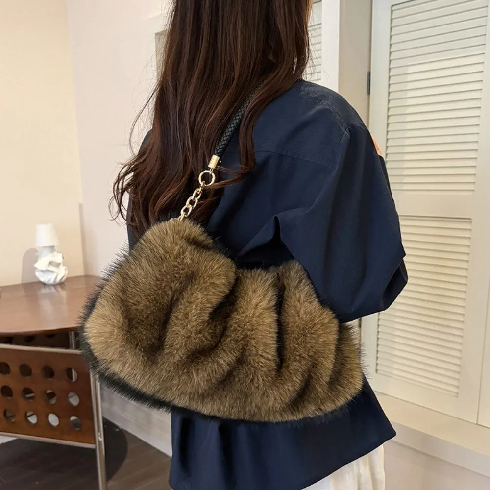 Large Capacity Fluffy Shoulder Bag Soft Texture Luxury Style Plush Handbag. Solid Color Zipper Closure Furry Tote Dating