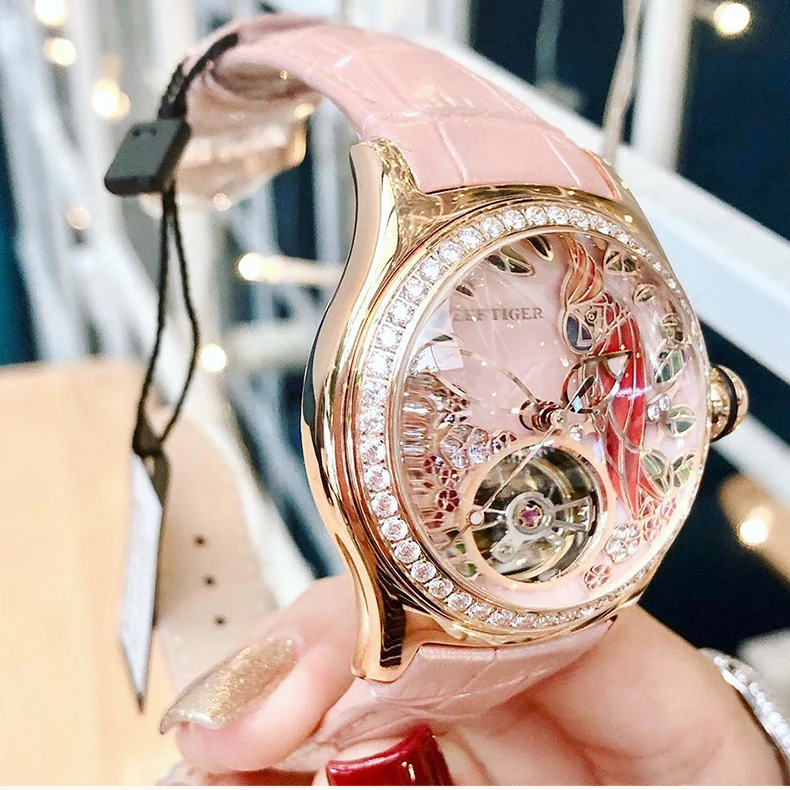 Reef Tiger Women Automatic Watch Luxury Ladies Mechanical Wristwatch Bubble Sapphire Mirror Skeleton 3D Art Dial RGA7105