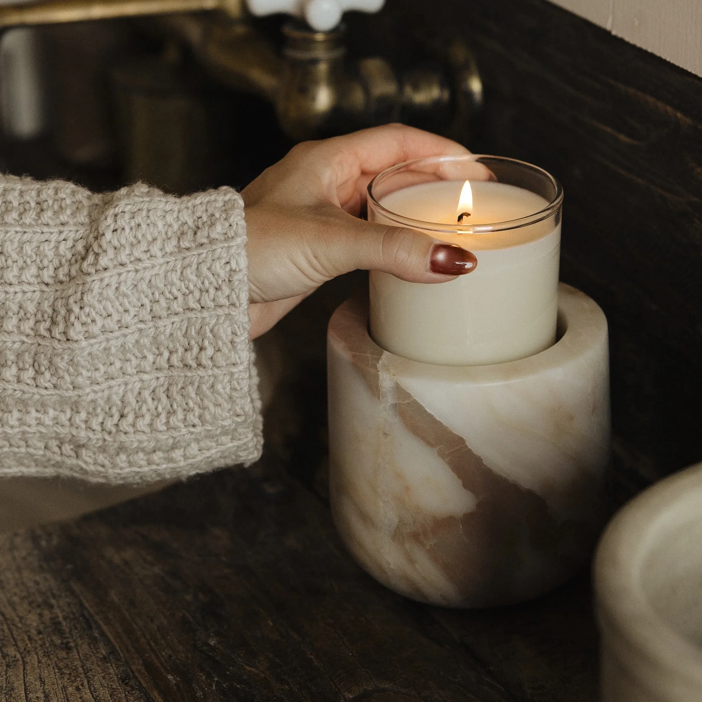 D12x12CM Calacatta Gold Marble Empty Jar with Glass Cup Candlestick Candle Holder Storage Stone Vessel