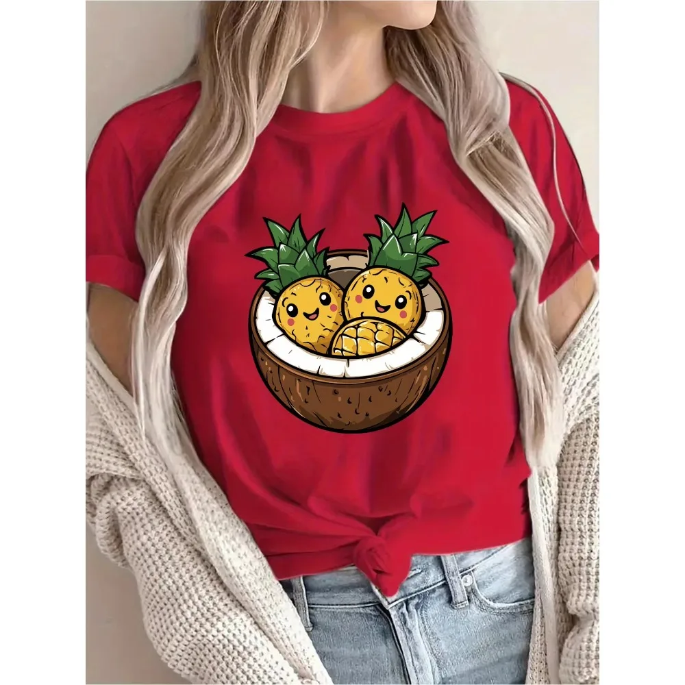 Camiseta con estampado de dibujos animados de piña y coco para mujer, pantalón corto informal de manga corta con cuello redondo, ropa de calle Harajuku de manga corta para verano