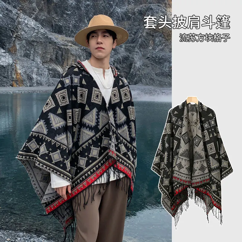 Lady Bohemian Vintage Chic Cloaks Capes Hooded Women Autumn Warm Knitted Ethnic Capes Tassels Cloak Poncho Outwear New
