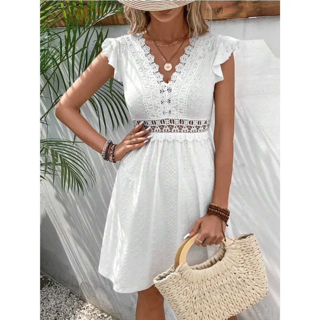 Women Summer New Knitted Jacquard Hollow Stretch See-through Lace Butterfly Short Sleeve High Waist Mini Dress V Neck