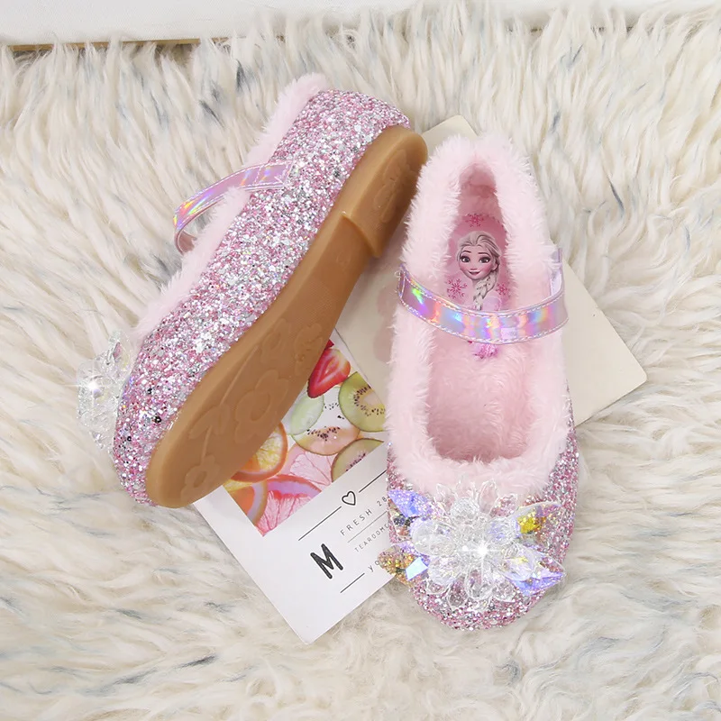 Disney Elsa Princess Shoes Autumn Winter Plush Warm Children Girls Crystal Shoes Fashion Cute Baby Girl Flat Shoes Soft Sole