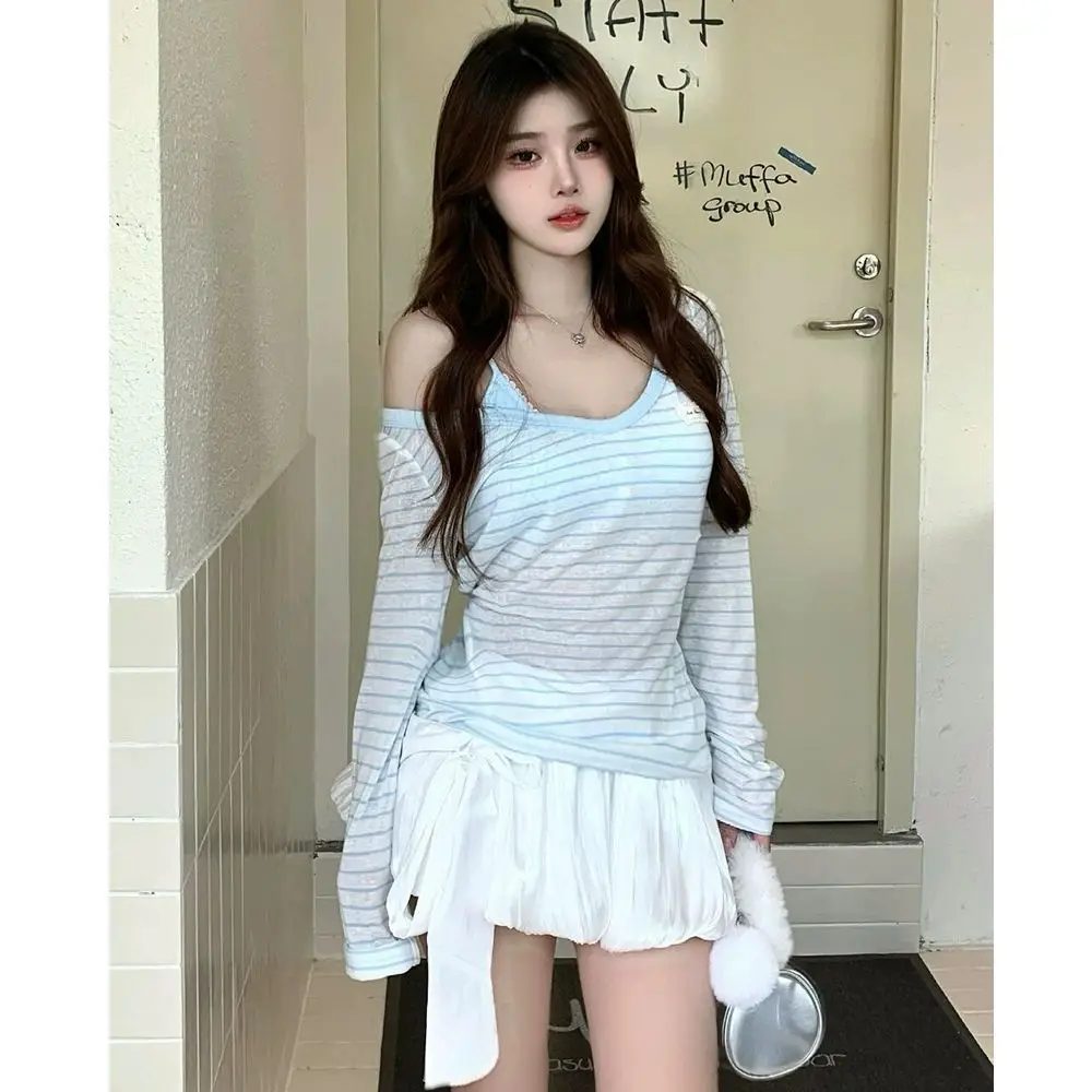 

Long Sleeved T Shirt Retro Womens Autumn Double Button Curve Hem Smart College Texture Modest Youthful Literary Refined Gathered