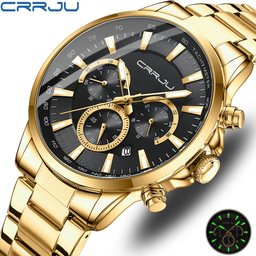 

CRRJU Quartz Watches for Men New Fashion Stainless Steel Strap Male Wristwatches with Luminous Hands Chronograph Sports Clock