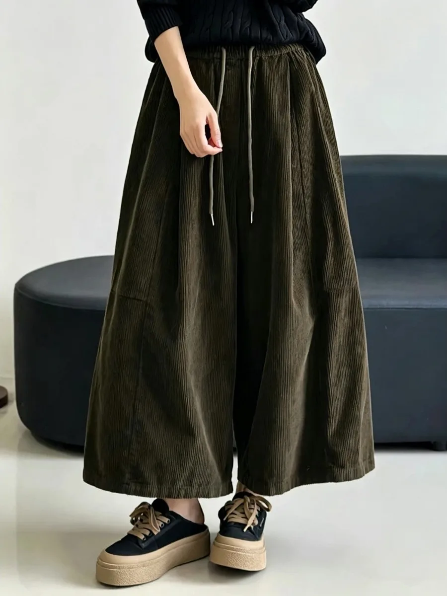 Authentic 2026 Autumn Winter Loose Wide Leg Pants Elastic Waist Casual Cotton Polyester Blend Velvet Pants Straight Cut Trousers