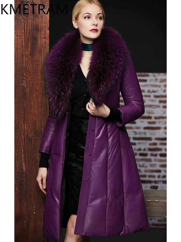 100% Schapenvacht Lange Donsjassen Dames Echt Leer Paars Pufferjack Winter Wasbeer Bontkraag Dameskleding 2025ojiк