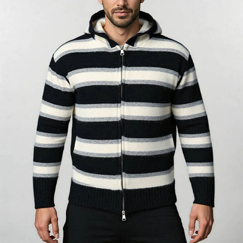 خمر التباين اللون مخطط سترة متماسكة رجل الخريف جديد عادية سحاب أكمام طويلة جاكت مزود بغطاء للرأس الرجال محبوك Sweatercoats