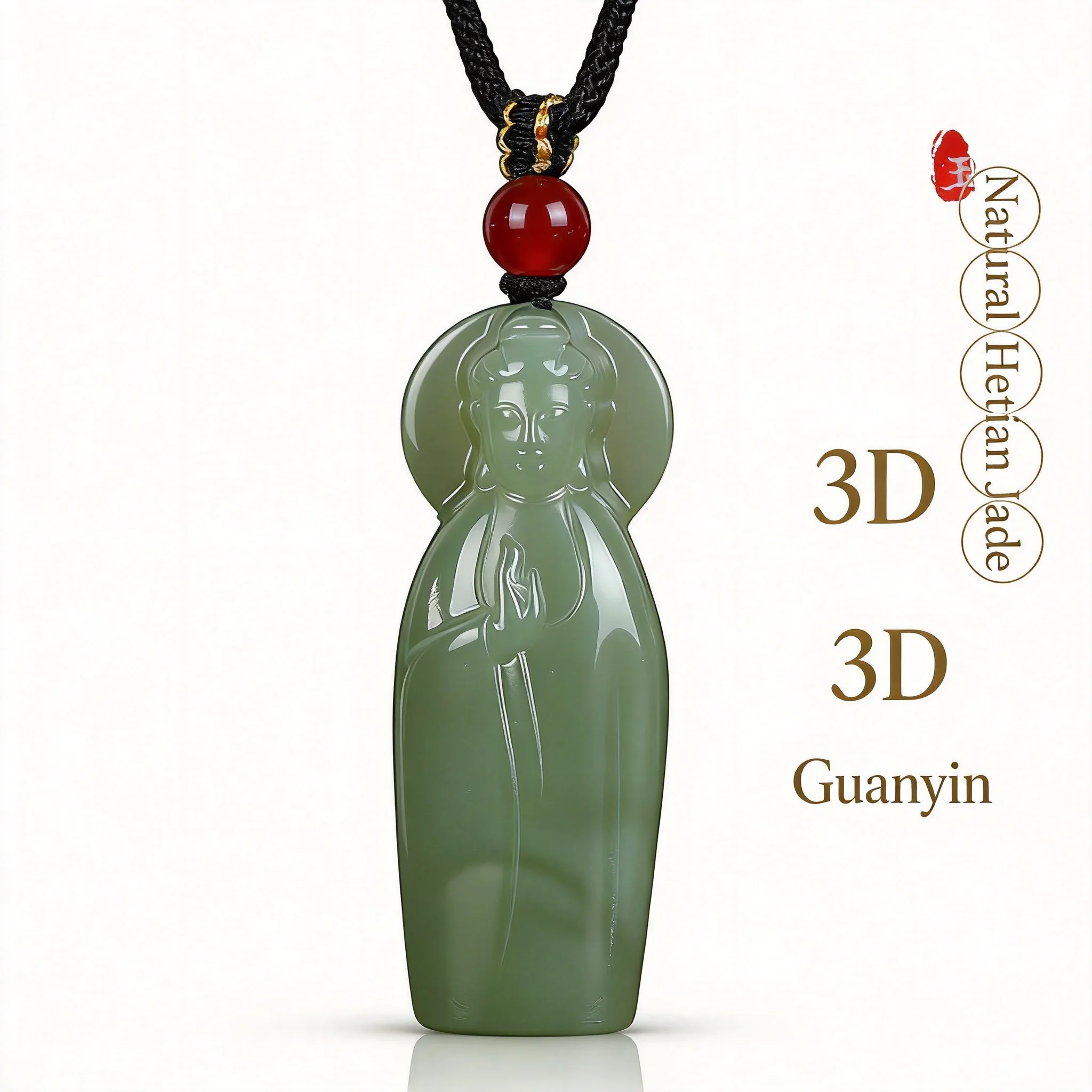 Natural Hetian Jade 3d Carved Guanyin Pendant Chinese Lucky Blessing Amulet Good Fortune Peace Protection Necklace For Men Women