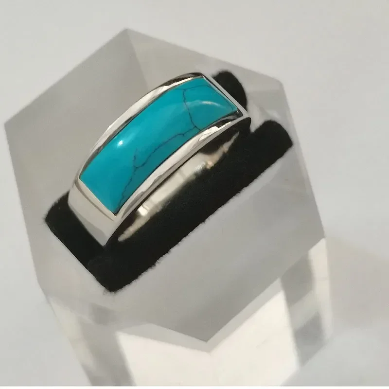 8mm Man Ring with Blue Turquoise High Quality Fashion Men Stainless Steel Party Birthday Gift Jewelry Wedding Ring for Women Men