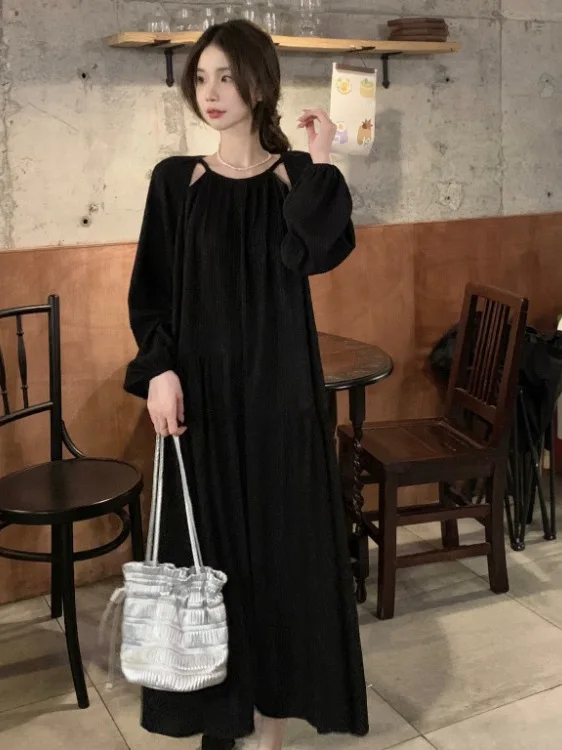 핑크 롱 루즈 여성 드레스 한국 스타일 세련된 비대칭 디자인 라운드 넥 주름 질감 A라인 스커트 출퇴근복