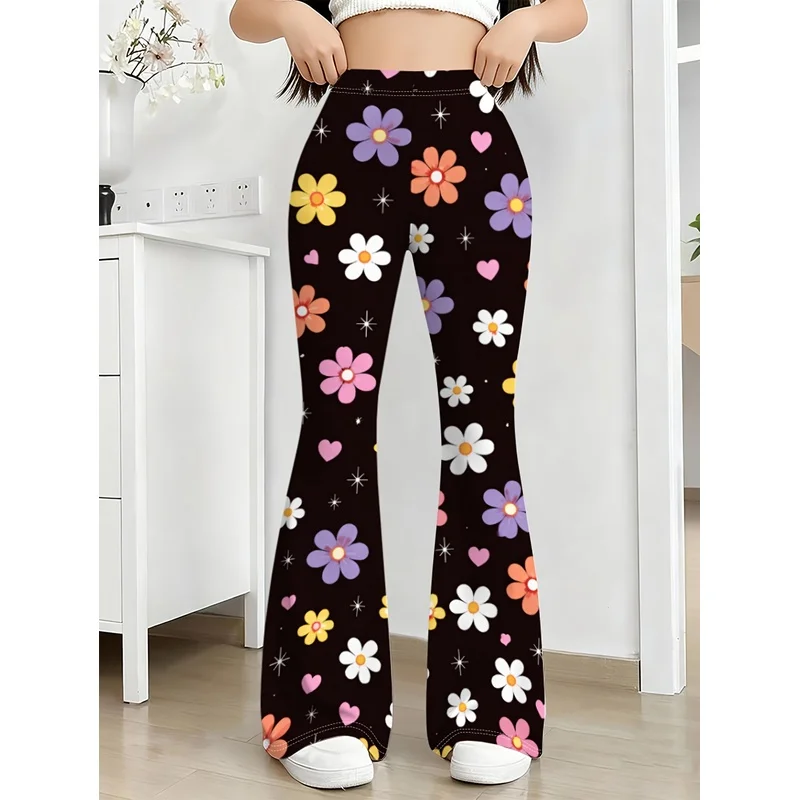 Girls All Over Print Flare Pants Stretchy Bell Bottom Leggings Elastic Waist Pants for Tween Teens Back to School Outfit