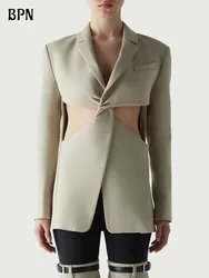 BPN Évider Parti Blazer Pour Femmes Entaillé Col À Manches Longues Crisscross Minimaliste Soild Blazers Femme Mode Vêtements Nouveau