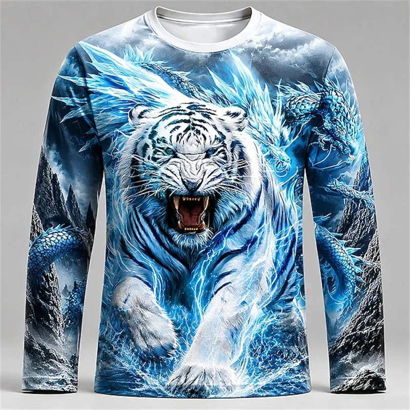 Men Blue White Tiger Dragon Print Long Sleeve Shirt Crewneck Graphic Streetwear Casual Breathable Soft Daily Fashion Premium Top