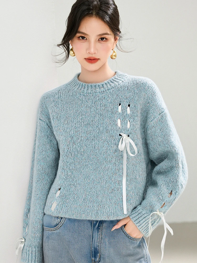   เสื้อถักทรงหลวมแบบผูกปม แขนยาว ทรงกลม สำหรับผู้หญิง สไตล์ลำลอง สวมใส่สบาย ผ้าเนื้อนุ่ม ช่วยลดเลือนริ้วรอย