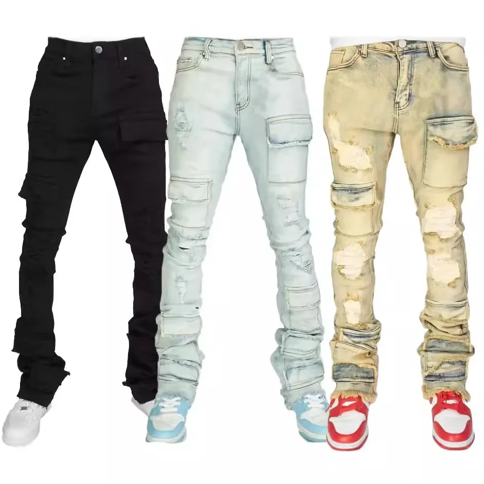 Neue Männer Flare Hosen Loch Gerade Hosen Lange Hose DenimSlim Fit Hohe Taille Casual Taste Tasche Splice Herbst Winter Jeans