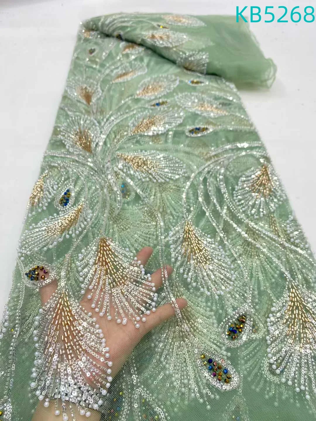 YALISI Oliver Green Lace African Lace Fabric 5 Yards Beads Lace Fabric Sequin Tulle Lace Fabric for Wedding Dress Sewing KB5226 view 3
