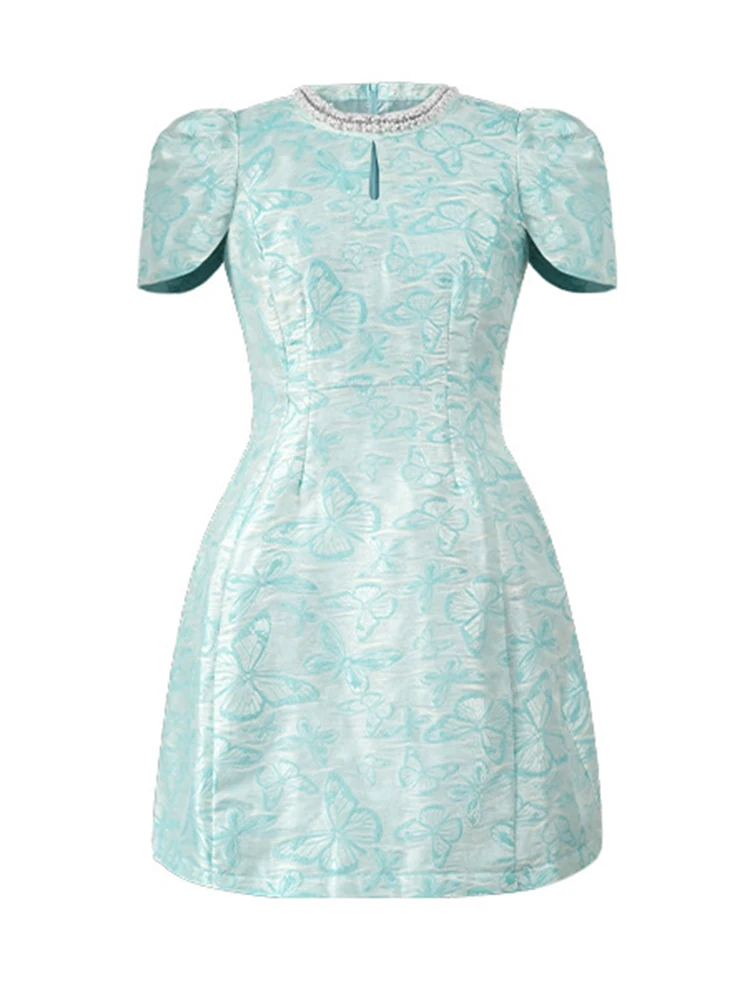 Frauen Vintage Süße Mini Kleid Weibliche Nette Perle Trim Hohl Ausschnitt Taschen Elegante Kurze Kleid Dame Party Club Formale Vestidos