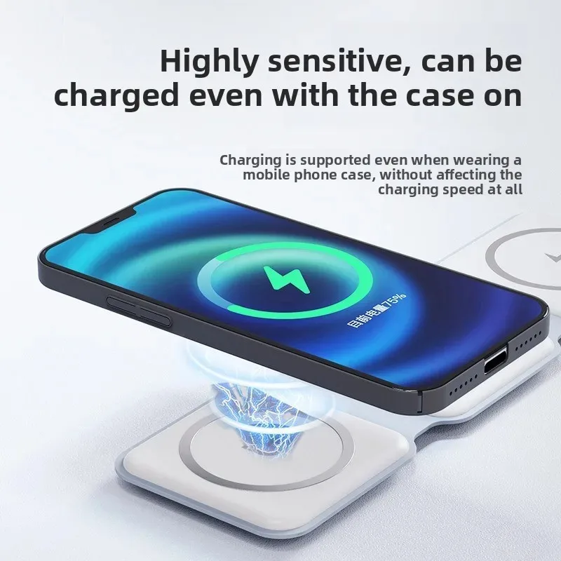 15 W 3-in-1 faltbare magnetische Powerbank und kabelloses Ladegerät – Autoaufladung, Apple-Schnellladung, Sprühgummi-Ölbeschichtung