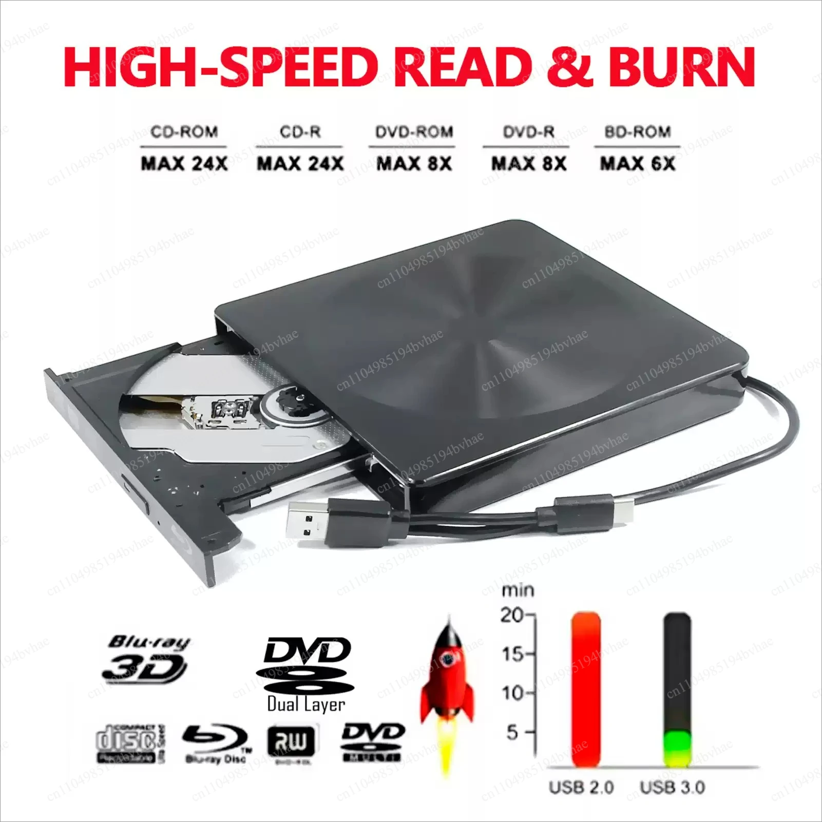 External Blu-ray Drive USB3.0&Type C BD-RDL DVD-RW CD Writer Blu-ray Combo Recorder Play 3D Videos One Touch Pop up for Desktop