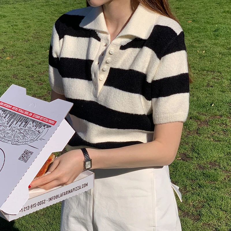 

Chic Casual Striped ort Sve Knitted Sweater for Women Button up Slimming Crop Top Commute Sle Spring Autumn Wear