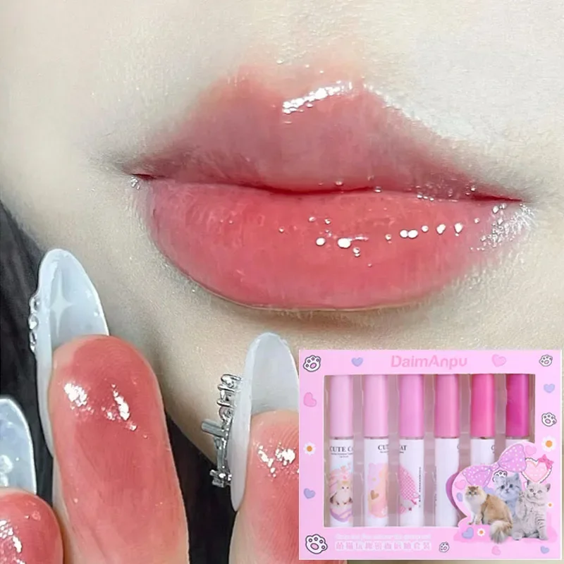 Cute Cat Clear Jelly Lip Glaze Makeup 6pcs Glossy Lip Gloss Set Lasting Water Light Nude Liquid Lipstick Korean Lips Cosmetics