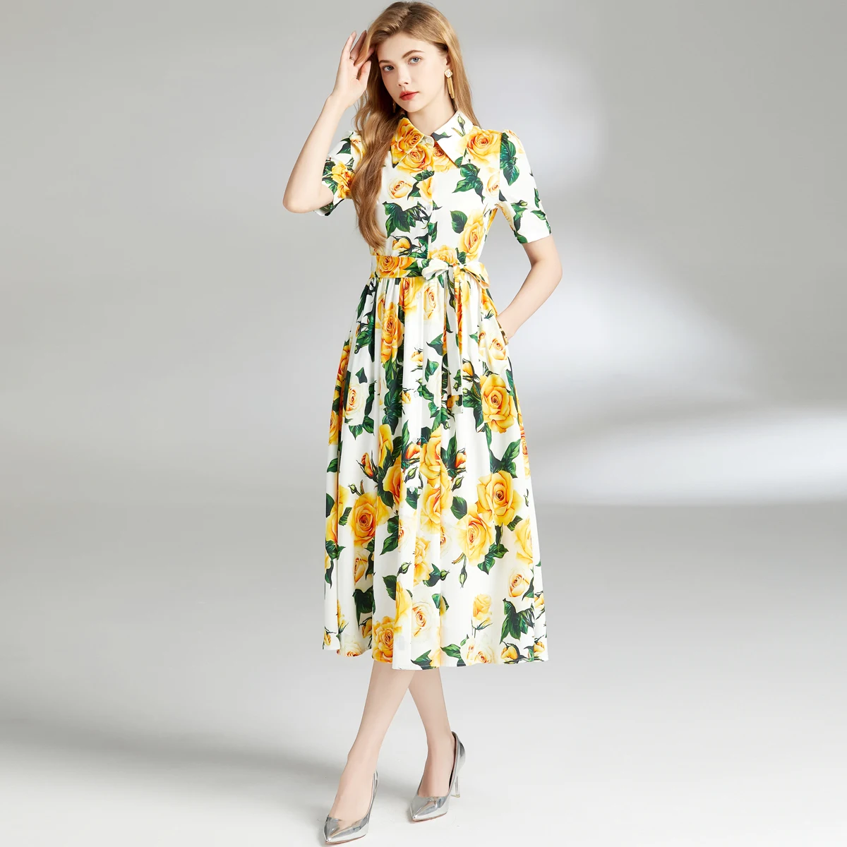 Summer Runway Shirt Dress Women\'s Lapel Yellow Rose Printed Single Breasted Lace Up Belt Short Sleeve Midi Long Vestidos 6838
